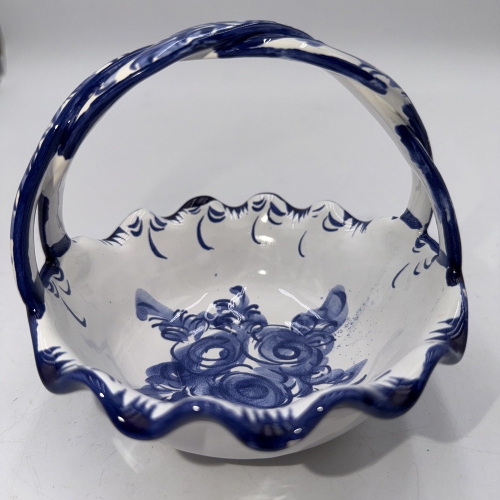 Blue/White Pottery Hand Painted Vintage Ceramic Basket Signed Made In Portugal